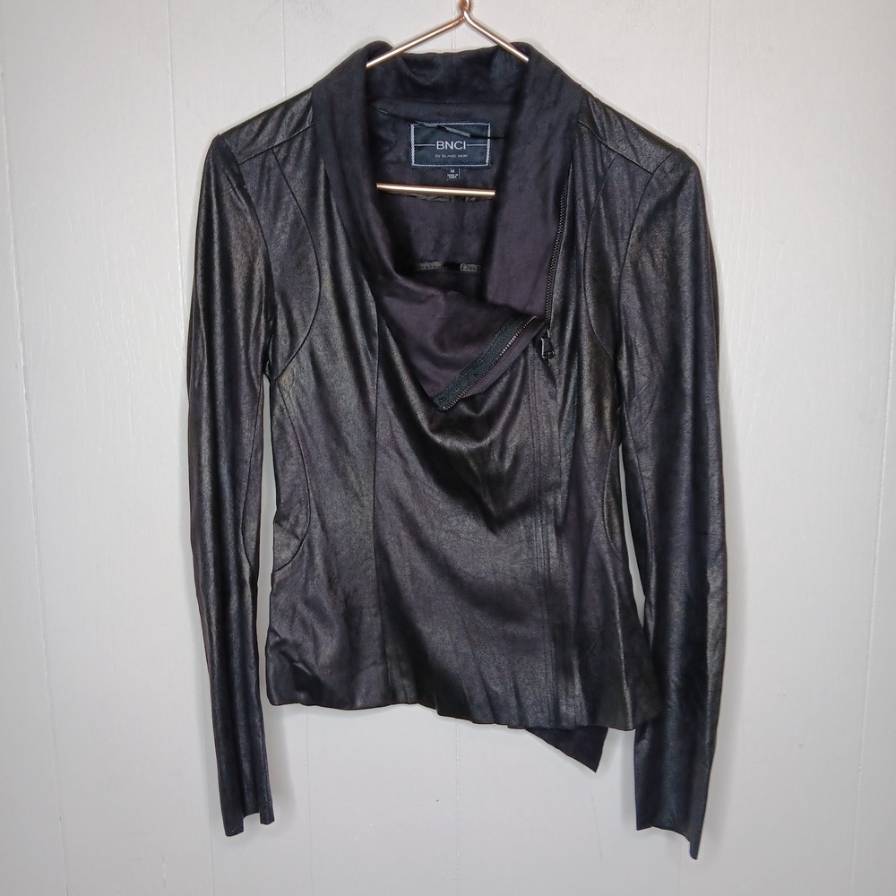 BNCI by Blanc Noir Moto Jacket Women M Black Faux Suede Leather Asymmetrical Zip